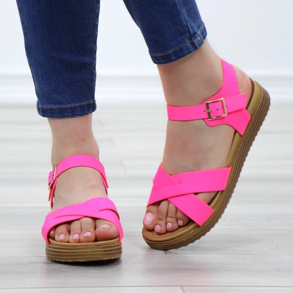 Neon Pink Strappy Comfort Sandals Faux Nubuck - Picture 9 of 14